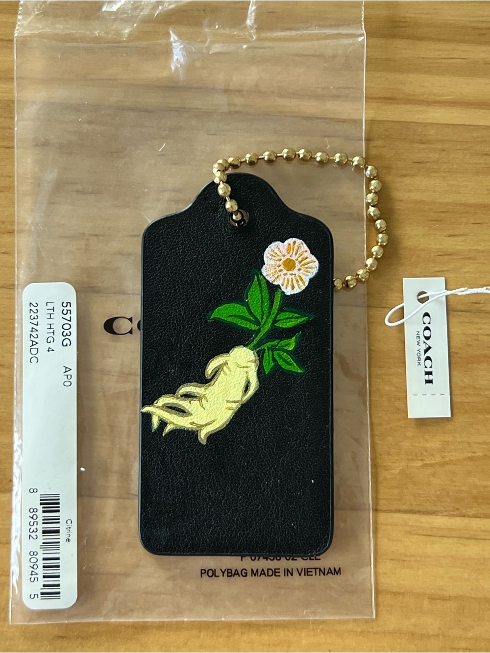 NWT Coach Black Ginseng Tea Rose Leather Hangtag Bag Charm Asia Limited RARE
